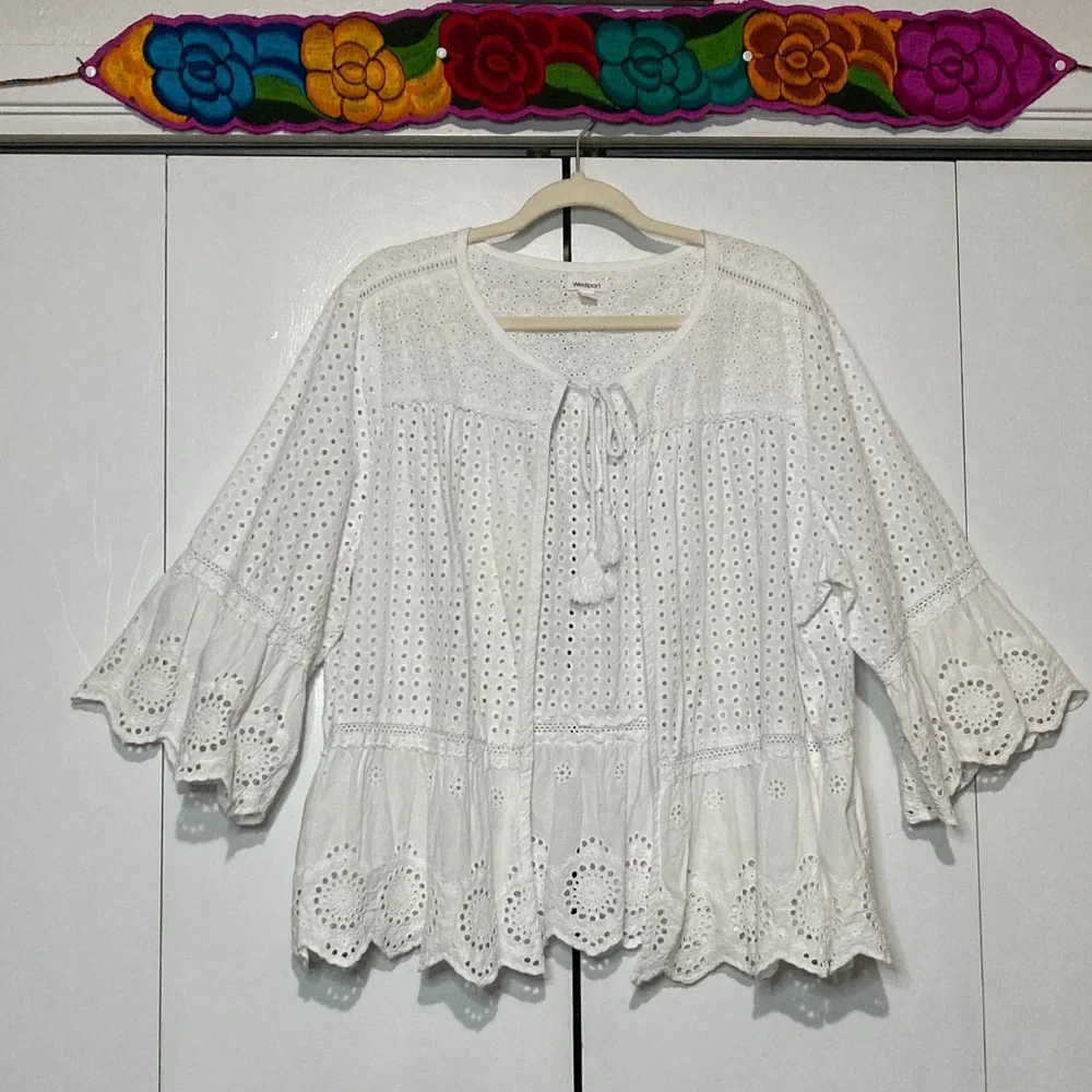 Westport 3X Women’s Romantic White Eyelet Cotton Peasant Top with Tassle Tie - Picture 1 of 8